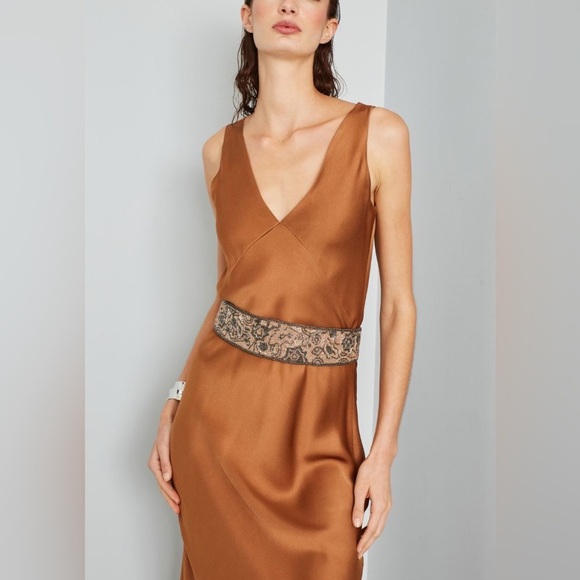 Intrend by Max Mara Gold Dress with Max&Co Label-cut Embroidered Beads Belt. M - Picture 2 of 16
